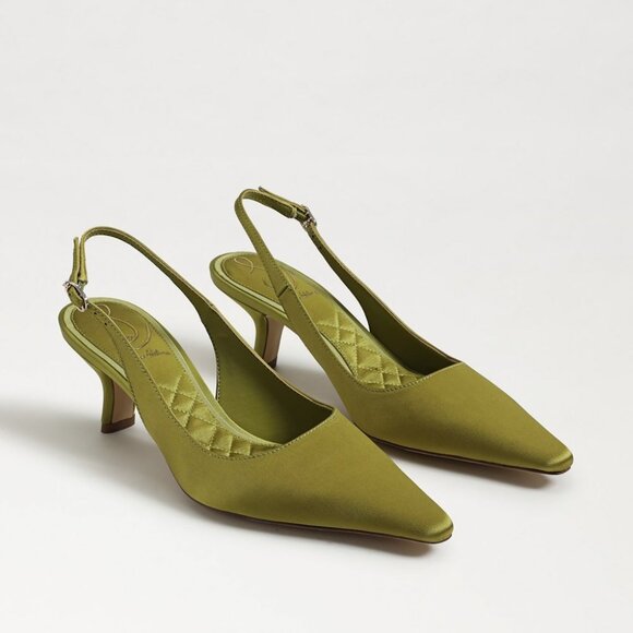 New Sam Edelman Bianka Sling back Heel in Greentini olive green satin kitten - Picture 1 of 9